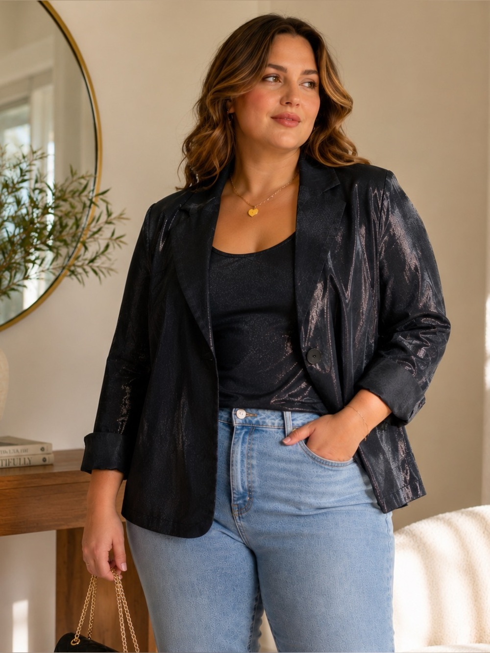 Chico’s Black Shimmer 2 Piece Blazer Tank Set Size 2 Career Party Jacket
